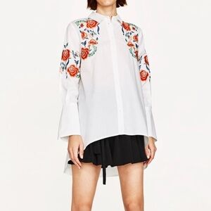 For the Republic 100% Cotton White Shirt with Floral Embroidery Size L